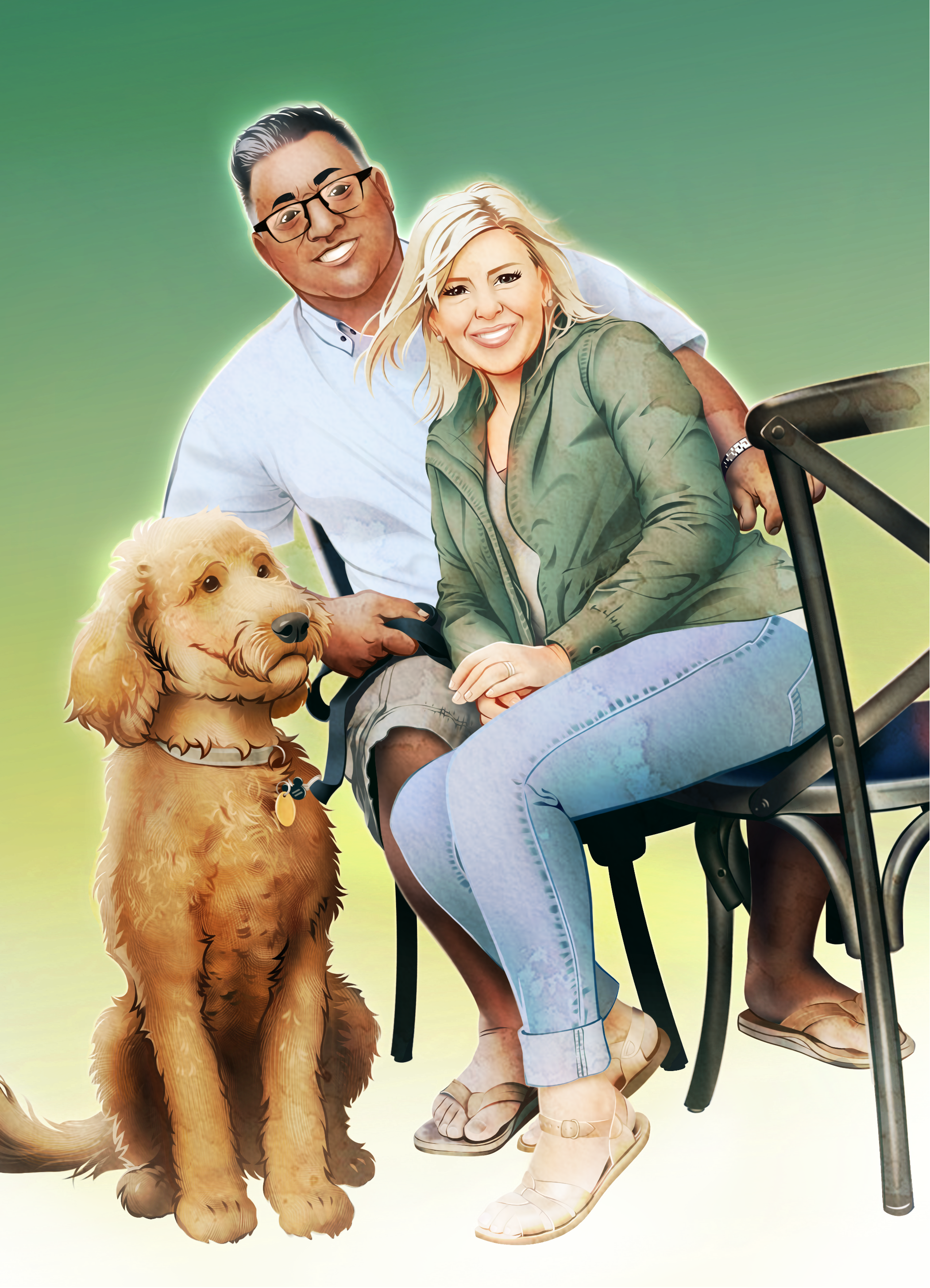 Man and woman sitting with a dog on a green gradient background